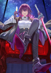  ankle_boots black_jacket blush boots breasts chair collared_shirt commentary crossed_legs cup eyewear_on_head female gloves hair_between_eyes highres holding holding_cup holding_sword holding_weapon honkai:_star_rail honkai_(series) jacket kafka_(honkai:_star_rail) large_breasts long_hair long_sleeves looking_at_viewer parted_lips pince-nez purple_eyes purple_footwear purple_gloves purple_hair shirt shirt_tucked_in sitting sky solo star_(sky) starry_sky sword thighs uenoryoma weapon white_shirt 