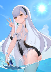  1437823832 absurdres ak-alfa_(girls&#039;_frontline) ass black_one-piece_swimsuit breasts can cowboy_shot female frills girls&#039;_frontline girls&#039;_frontline_2:_exilium hair_ornament highres holding holding_can long_hair looking_at_viewer official_alternate_costume one-piece_swimsuit orange_eyes school_swimsuit see-through smile solo standing swimsuit v water white_hair 