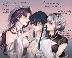  3girls black_dress black_hair blush breasts brown_eyes cherie_luna china_dress chinese_clothes cleavage closed_eyes closed_mouth collared_shirt commentary dress earrings eleven_(path_to_nowhere) english_text garofano_(path_to_nowhere) girl_sandwich grey_hair hair_bun hand_on_another&#039;s_chest heart highres jewelry long_hair looking_at_another mole mole_under_eye mole_under_mouth multiple_girls off_shoulder open_mouth parted_lips path_to_nowhere purple_eyes purple_hair rahu_(path_to_nowhere) sandwiched scar scar_across_eye shirt smile speech_bubble sweat twitter_username whispering white_dress white_shirt yuri 