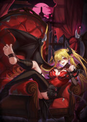  absurdres bare_shoulders barefoot black_horns black_tail black_thighhighs black_wings blonde_hair breasts cleavage demon_girl demon_horns demon_tail demon_wings dress duel_monster female full_body full_moon highres horns lacrima_the_scarlet_sorrow large_breasts long_hair moon multicolored_hair pink_hair red_dress red_moon rpg_(ram) single_thighhigh sitting solo tail thighhighs two-tone_hair two_side_up wings yu-gi-oh! 