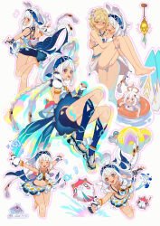  3girls :d airplane_arms alternate_costume ass ball bare_shoulders barefoot beachball bikini blonde_hair blue_eyes blue_hairband blue_nails blue_shorts blue_socks blush braid breasts brown_eyes carrying chinese_commentary closed_eyes commentary_request cropped_legs facial_mark facing_viewer fingerless_gloves fish-shaped_pupils foot_up full_body genshin_impact gloves hairband halo hanging_light highres instrument kneehighs long_hair looking_at_viewer lumine_(genshin_impact) lumine_(hot_springs)_(genshin_impact) maracas mualani_(genshin_impact) multiple_girls open_mouth outstretched_arms paimon_(genshin_impact) partial_commentary pen_liangshui_po_ya_po princess_carry sandals shorts simple_background smile socks spread_arms stirrup_legwear swim_ring swimsuit symbol-shaped_pupils teeth toeless_legwear twin_braids two-tone_eyes upper_teeth_only white_background white_bikini white_hair yellow_eyes 