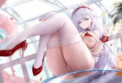  absurdres against_glass age_fx apron ass_on_glass ass_press azur_lane belfast_(azur_lane) belfast_(blissful_service)_(azur_lane) bikini blue_eyes breasts cleavage crossed_legs drink female high_heels highres holding holding_drink huge_breasts long_hair maid_headdress official_alternate_costume panties red_bikini red_footwear sitting solo swimsuit thighhighs thighs underboob underwear untied_bikini_top white_apron white_hair white_panties white_thighhighs wrist_cuffs 