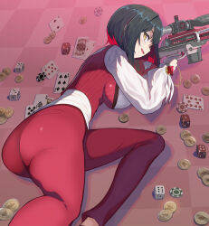  ass black_hair bolt_action breasts card checkered_floor dice female from_below goddess_of_victory:_nikke gun highres large_breasts looking_back multicolored_hair open_mouth pants playing_card poker_chip red_hair red_pants red_vest rifle rouge_(nikke) scope shirt short_hair sniper_rifle syope vest weapon white_shirt 