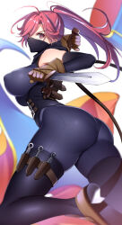  ass bodysuit breasts brown_gloves covered_nipples elbow_gloves female from_side gloves holding holster kippuru large_breasts long_hair looking_at_viewer mask mouth_mask ninja ninja_mask original ponytail red_eyes red_hair scarf short_sword simple_background skin_tight solo sword thigh_holster thighhighs weapon white_background 