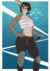  anthro armor belt bottomwear brown_body brown_eyes brown_fur brown_hair chest_wraps chromakoros clothing deer female fur hair hands_on_hips hi_res legwear looking_at_viewer mammal melee_weapon pants smile solo standing sword sword_sheath weapon wraps 