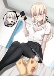  2girls absurdres artoria_pendragon_(fate) black_ribbon black_skirt black_thighhighs blonde_hair blush breasts cellphone closed_mouth fate/grand_order fate_(series) fujimaru_ritsuka_(male) hair_ribbon highres jeanne_d&#039;arc_alter_(fate) long_hair longdq3008 multiple_girls open_mouth orange_eyes phone ribbon saber_alter shirt short_hair skirt small_breasts smartphone smile tail teeth thighhighs white_shirt 