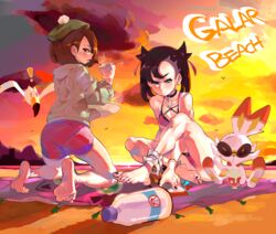  2girls beach bikini blue_toenails cardigan cashumeru clothed clothed_female curry eating feet foot_fetish gloria_(pokemon) hat marnie_(pokemon) moo_moo_milk pantylines pink_dress pokemon pokemon_ss rotom_phone scorbunny sunset sweatdrop teenager wholesome wingull 