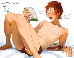  1boy absurdres blush candy candy_cane collarbone cuntboy english_text food highres holding k-project male_focus male_underwear mastectomy_scar navel nipples open_mouth orange_hair red_male_underwear ribbon scar scar_on_chest short_hair skinny small_nipples solo teeth thighs tongue topless_male treslech3s twitter_strip_game underwear underwear_only upper_teeth_only yata_misaki 