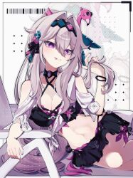  bikini black_bikini breasts bright_pupils cleavage commentary criss-cross_halter female frilled_bikini_bottom hair_intakes hairband halterneck hashtag-only_commentary highres holding holding_own_hair honkai_(series) honkai_impact_3rd long_hair navel pino_(pino2452) purple_eyes smile solo swimsuit thelema_nutriscu tongue tongue_out white_hair white_pupils zoom_layer 