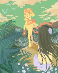  2girls akemi_homura akemi_homura_(swimsuit_ver.) beach bikini bird black_hair black_hairband bow bracelet choker day flower frilled_bikini frills hair_flower hair_ornament hair_ribbon hairband holding holding_shoes holding_unworn_clothes jewelry kaname_madoka kaname_madoka_(swimsuit_ver.) long_hair mahou_shoujo_madoka_magica morinokunika multiple_girls navel official_alternate_costume open_mouth outdoors pink_eyes pink_hair puffy_short_sleeves puffy_sleeves ribbon see-through_clothes shoes short_hair short_sleeves side_ponytail skirt smile soul_gem swimsuit swimsuit_costume unworn_shoes 