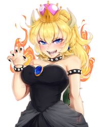  1girls 2d armband artist_signature blonde_hair blue_eyes blush bowsette bracelet breasts busty clothed collar crown dress earrings eyebrows_visible_through_hair eyelashes female fire hi_res horn horns kureihii light-skinned_female light_skin mario_(series) nail_polish new_super_mario_bros._u_deluxe nintendo open_mouth open_smile pale-skinned_female pale_skin sharp_fingernails sharp_teeth simple_background smile solo spiked_armlet spiked_bracelet spiked_collar super_crown watermark 