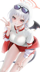  absurdres black_tail black_wings blue_archive braid buko_(bukosuki) buruma commentary_request demon_wings eyewear_on_head fake_wings female gym_shirt gym_uniform halo hand_on_own_thigh haruna_(blue_archive) haruna_(track)_(blue_archive) highres jacket long_hair looking_at_viewer off_shoulder official_alternate_costume piercing red_buruma red_hair red_halo shirt side_braid single_wing smile solo sunglasses tinted_eyewear track_jacket v white_background wing_ornament wing_piercing wings 