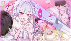  0202ase 1boy absurdres birthday birthday_cake black_wings blue_archive braid breasts brown_hair cake colored_speech_bubble commentary_request double_strap_slip dress female food halo hand_blush haruna_(blue_archive) heart highres jewelry kissing large_breasts licking licking_another's_finger licking_finger licking_food long_hair red_eyes red_halo ring sensei_(blue_archive) single_braid single_wing speech_bubble spoken_heart straight strap_slip tail taiyaki wagashi wedding_ring white_dress white_hair wings 