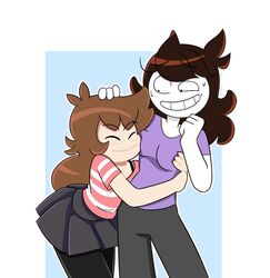  2girls black_bra black_pants blush brown_hair closed_eyes eyebrows_visible_through_hair face_on_breast fully_clothed hand_on_hair hugging jaiden jaiden_animations long_hair looking_at_partner miniskirt nervous nervous_smile nervous_sweat purple_shirt shgurr simple_background stockings striped_shirt thrumbo white_background white_skin wholesome youtube youtuber youtuber_girl yuri 