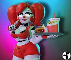  1girls 3d baby_(fnafsl) bra bra_cups_sticking_out circus_baby circus_baby_(fnaf) female female_only fingerless_gloves five_nights_at_freddy&#039;s five_nights_at_freddy&#039;s:_sister_location food green_eyes hand_on_cheek looking_away robot so87baby solo solo_female summer_of_87_baby tagme tray waitress 