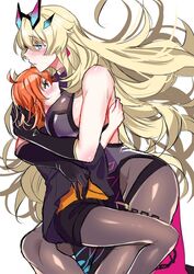  2girls ahoge arms_around_back artist_name barghest_(fate) barghest_(second_ascension)_(fate) between_breasts black_shorts blonde_hair blue_eyes blush breasts chains commentary_request dress earrings elbow_gloves fate/grand_order fate_(series) fujimaru_ritsuka_(female) fujimaru_ritsuka_(female)_(mage&#039;s_association_uniform) gloves hand_on_another&#039;s_back hand_on_another&#039;s_head head_between_breasts head_on_chest heterochromia hug jewelry large_breasts long_hair looking_ahead looking_at_another looking_up multiple_girls mutual_hug official_alternate_costume orange_hair pantyhose sentaku_nori short_hair shorts signature simple_background thighs twitter_username very_long_hair white_background yellow_eyes yuri 