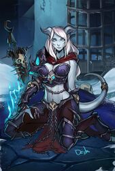  armor blue_eyes blue_sclera blue_skin boobplate breasts brown_skirt cage cape chains closed_mouth colored_sclera colored_skin death_knight_(warcraft) distr draenei female gauntlets highres hooves horns kneeling large_breasts long_hair looking_at_viewer midriff monster_girl navel pauldrons pelvic_curtain planted planted_sword red_cape shoulder_armor signature single_pauldron skirt smile solo sword tail tail_ornament tail_ring warcraft weapon white_hair world_of_warcraft 