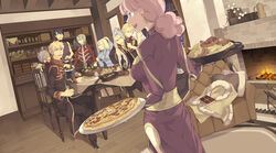  3girls 5boys armor assassin_(ragnarok_online) basket black_coat black_pants blacksmith_(ragnarok_online) blonde_hair blue_dress blue_eyes blush book bottle breastplate brown_cape brown_pants cape chair cheese closed_eyes closed_mouth coat comiket_77 commentary_request couch cowboy_shot creator_(ragnarok_online) cup disgust dress drunk dutch_angle fire fireplace food fork full_body fur-trimmed_cape fur_trim glasses green_eyes grey_hair happy hibitono holding holding_tray indoors kettle lettuce long_hair long_sleeves looking_at_another looking_back looking_to_the_side medium_hair mug multicolored_coat multiple_boys multiple_girls night open_mouth pants pillow pink_headwear pizza plate ponytail pot potato priest_(ragnarok_online) purple_dress purple_eyes purple_pants purple_shirt ragnarok_online red_coat red_eyes red_shirt sage_(ragnarok_online) salad sausage shelf shirt short_hair sitting standing table tablecloth teeth tied_hair tomato tray two-tone_coat unworn_cape window wine_bottle wizard_(ragnarok_online) 