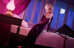  1girls bedroom blonde_hair blue_eyes braided_ponytail clothing disney dress elsa_(frozen) eyelashes eyeshadow female female_only finger_to_chin fireboxstudio frozen_(film) frozen_2 light_skin long_hair medium_breasts night pajamas pale_skin petite purple_eyeshadow red_lipstick royalty slim small_breasts solo very_high_resolution 