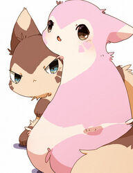  2020 alternate_color blush brown_body brown_eyes brown_fur daww duo feral fur furret generation_2_pokemon green_eyes hi_res ke_mo_suke kemono multicolored_body multicolored_fur nintendo pink_body pink_fur pokemon pokemon_(species) possessive protective simple_background two_tone_body two_tone_fur white_background 