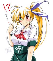  !? aged_up ahoge blonde_hair blue_ribbon blush breasts commentary_request cosplay dated einhard_stratos einhard_stratos_(cosplay) embarrassed female green_eyes green_skirt hair_ribbon heterochromia large_breasts long_hair looking_at_viewer lyrical_nanoha mahou_shoujo_lyrical_nanoha_vivid neckerchief red_eyes red_neckerchief ribbon san-pon shirt short_sleeves side_ponytail skirt solo sweatdrop very_long_hair vivio white_background white_shirt 