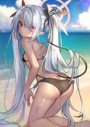  absurdres ass bare_arms bare_shoulders bikini black_bikini black_ribbon blue_archive blue_sky blurry blurry_background breasts butt_crack cloud commentary day demon_tail depth_of_field eyes_visible_through_hair female from_behind grey_hair hair_over_one_eye hair_ribbon halo highres horizon iori_(blue_archive) iori_(swimsuit)_(blue_archive) kneeling looking_at_viewer looking_back multi-strapped_bikini_bottom ocean official_alternate_costume outdoors red_eyes revision ribbon rinringyo side-tie_bikini_bottom sky small_breasts solo sunlight swimsuit tail twintails v-shaped_eyebrows water wet 