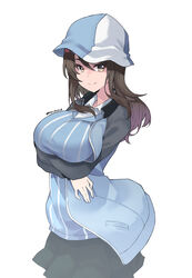  blue_hat blue_jacket blue_shirt breast_hold breasts brown_eyes brown_hair closed_mouth commentary cowboy_shot crossed_arms dress_shirt female girls_und_panzer grey_skirt hat highres jacket keizoku_military_uniform keizoku_school_uniform kimi_tsuru large_breasts long_hair long_sleeves looking_at_viewer mika_(girls_und_panzer) military military_uniform miniskirt open_clothes open_jacket pleated_skirt raglan_sleeves school_uniform shirt simple_background skirt smile solo standing striped_clothes striped_shirt track_jacket tulip_hat twitter_username uniform vertical-striped_clothes vertical-striped_shirt white_background white_shirt wing_collar 