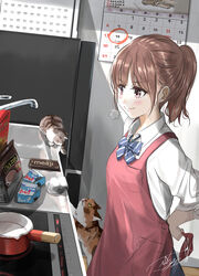  apron blue_bow blue_bowtie blush bow bowtie brown_eyes brown_hair calendar_(object) chocolate closed_mouth collared_shirt egg feline female highres indoors kitchen medium_hair milkpanda original pink_apron ponytail refrigerator saucepan school_uniform shirt sink smile soragane_(banisinngurei) stove striped_bow striped_bowtie striped_clothes tying_apron white_shirt 