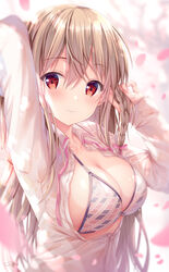  absurdres arm_up bikini blurry braid breasts brown_hair buttons cleavage collarbone collared_shirt commentary_request depth_of_field female hair_ribbon hand_up highres large_breasts long_hair long_sleeves looking_at_viewer maeda_shiori neck_ribbon open_clothes open_shirt original petals photoshop_(medium) pink_ribbon red_eyes ribbon shirt smile solo sousouman string_bikini swimsuit upper_body white_bikini white_shirt 