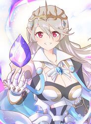  absurdres armor breasts brooch capelet cleavage collar commentary_request corrin_(female)_(fire_emblem) corrin_(female)_(silent_bloodline)_(fire_emblem) corrin_(fire_emblem) crest crown dragonstone family_crest female fire_emblem fire_emblem_fates fire_emblem_heroes gauntlets grin highres ikonaska jewelry looking_at_viewer medium_breasts official_alternate_costume pointy_ears red_eyes smile solo teeth upper_body white_capelet white_hair 