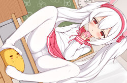  animal_ears azur_lane blush cellphone chalkboard clock desk fake_animal_ears female hair_between_eyes hair_ornament hairband highres indoors irokari laffey_(azur_lane) long_hair long_sleeves manjuu_(azur_lane) no_shoes on_desk panties pantyhose pantyshot phone pink_skirt pleated_skirt rabbit_ears red_eyes school_desk school_uniform serafuku sitting skirt smartphone solo twintails underwear very_long_hair white_hair white_pantyhose 