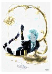  1other androgynous aqua_eyes aqua_hair blue_eyes blue_hair character_name colored_eyelashes commentary_request crying crying_with_eyes_open crystal_hair english_text flower gem_uniform_(houseki_no_kuni) gold golden_arms green_hair grey_background high_heels highres houseki_no_kuni liquid lying molten_metal morino_bambi necktie on_stomach other_focus parted_bangs phosphophyllite short_hair short_sleeves shorts smile solo sparkle tears 