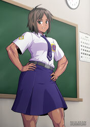  artist_name belt belt_buckle breasts brown_eyes brown_hair buckle calendar_(object) classroom clock dark-skinned_female dark_skin ebr-kii female hand_on_own_hip highres looking_at_viewer muscular muscular_female necktie original school_uniform short_hair short_sleeves skirt small_breasts solo uniform wall_clock watermark 