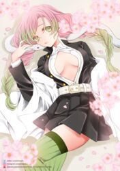  absurdres bad_id bad_pixiv_id black_jacket black_skirt blurry blurry_foreground braid breasts cleavage closed_mouth collared_shirt demon_slayer_uniform dress_shirt female from_above gradient_hair green_eyes green_hair grey_thighhighs highres jacket kaburamaru kanroji_mitsuri kimetsu_no_yaiba long_hair long_sleeves looking_at_viewer lying medium_breasts miniskirt mole mole_under_eye multicolored_hair on_back open_clothes open_jacket pink_hair pleated_skirt sheepd shirt skirt snake solo thighhighs twin_braids very_long_hair watermark white_shirt white_snake wing_collar zettai_ryouiki 