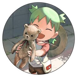  :d brown_shorts circle closed_eyes commentary_request day facing_viewer female green_hair hat hat_on_back holding holding_stuffed_toy koiwai_yotsuba matsuura_kento medium_hair open_mouth outdoors pouch quad_tails raglan_sleeves red_ribbon red_sleeves ribbon road round_image shadow shirt short_shorts short_sleeves shorts smile solo straw_hat stuffed_animal stuffed_toy teddy_bear transparent_background unworn_hat unworn_headwear wall white_bag white_shirt yotsubato! 