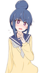  ame_(amechan17391739) bad_id bad_twitter_id blue_hair blue_sailor_collar blush bright_pupils commentary embarrassed female flying_sweatdrops frown grey_neckerchief hair_bun highres long_sleeves looking_at_viewer motosu_school_uniform neckerchief open_mouth purple_eyes sailor_collar school_uniform serafuku shima_rin short_hair sidelocks simple_background single_hair_bun solo standing sweater upper_body v-neck white_background white_pupils yellow_sweater yurucamp 