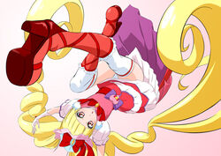  absurdly_long_hair aisaki_emiru arms_up blonde_hair blunt_bangs boots bow cure_macherie eyelashes female floating_hair frilled_boots frills fuchi_(nightmare) gloves gradient_background hairbow high_heel_boots high_heels hugtto!_precure knee_boots layered_skirt long_hair looking_at_viewer miniskirt open_mouth pink_background precure red_bow red_eyes red_footwear short_sleeves skirt solo thighhighs very_long_hair white_background white_gloves white_sleeves white_thighhighs zettai_ryouiki 