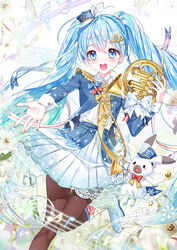  :d beamed_eighth_notes blue_eyes blue_hair blue_headwear blue_jacket boots bow brown_legwear collared_shirt commentary eighth_note epaulettes eyebrows_hidden_by_hair female french_horn hair_between_eyes hair_ornament hairclip hat hatsune_miku highres holding holding_instrument instrument jacket lace-trimmed_skirt lace_trim long_hair looking_at_viewer mini_hat mini_shako_cap musical_note open_mouth outstretched_arm pantyhose pleated_skirt quarter_note rabbit_yukine shirt siloteddy skirt smile standing standing_on_one_leg teeth tilted_headwear twintails upper_teeth_only very_long_hair vocaloid white_bow white_footwear white_shirt white_skirt x_hair_ornament yuki_miku yuki_miku_(2020) 