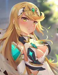  blonde_hair blush breasts chest_jewel cleavage cleavage_cutout clothing_cutout dress female highres kiiro_kimi long_hair looking_at_viewer mythra_(xenoblade) solo swept_bangs tiara upper_body very_long_hair white_dress xenoblade_chronicles_(series) xenoblade_chronicles_2 yellow_eyes 