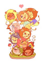  animal_crossing apple aziz_(animal_crossing) black_mane blonde_mane brown_body brown_fur brown_mane bud_(animal_crossing) building clothed clothing elvis_(animal_crossing) eyewear facial_hair fangs felid food freckles fruit fur glasses green_mane group heart_symbol house hyaku_(artist) jubei_(animal_crossing) leopold_(animal_crossing) lion lionel_(animal_crossing) male mammal mane mott_(animal_crossing) nintendo pantherine plant red_mane rex_(animal_crossing) rory_(animal_crossing) scar simple_background sunglasses tan_body tan_fur teeth white_mane 