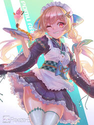  artist_name black_kimono blonde_hair blue_bow bow braid brown_eyes butterfly_hair_ornament character_name checkered_sash commentary english_commentary female food freeze-ex green_bow hair_ornament hairbow holding holding_tray ice_cream japanese_clothes kimono maid maid_headdress nijisanji nijisanji_en official_alternate_costume one_eye_closed pizza pointy_ears pomu_rainpuff pomu_rainpuff_(2nd_costume) solo sundae thighhighs tray twin_braids v virtual_youtuber wa_maid watermark 