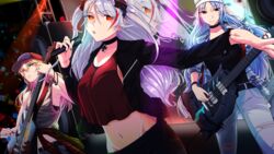  3girls absurdres admiral_hipper_(azur_lane) alternate_costume azur_lane belt black_belt black_choker black_jacket black_shirt black_skirt blonde_hair bra bra_peek breasts choker clothes_around_waist crop_top crop_top_overhang cross denim electric_guitar grey_hair guitar hat highres holding holding_instrument holding_microphone instrument iron_cross jacket jeans large_breasts long_hair looking_at_viewer microphone midriff mole mole_under_eye multicolored_hair multiple_girls nail_polish notsushi orange_eyes pants peaked_cap prinz_eugen_(azur_lane) red_hair red_nails red_shirt shirt skirt sleeveless sleeveless_shirt stage stage_lights streaked_hair tallinn_(azur_lane) torn_clothes torn_jeans torn_pants two-tone_hair underwear 