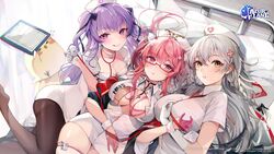  &gt;_&lt; 3girls :q ajax_(azur_lane) alternate_costume azur_lane bed black_pantyhose braid breasts center_opening chromatic_aberration dress from_above gloves grey_hair hair_ornament half_gloves hat hermione_(azur_lane) hermione_(pure_white_angel)_(azur_lane) highres hospital_bed hutuu_(1121) id_card indoors infirmary large_breasts looking_at_viewer low_tied_hair manjuu_(azur_lane) medium_breasts multiple_girls nurse nurse_cap official_alternate_costume pantyhose perseus_(azur_lane) perseus_(unfamiliar_duties)_(azur_lane) pink-framed_eyewear pink_gloves pink_hair purple_eyes purple_hair red_ribbon ribbon semi-rimless_eyewear short_sleeves small_breasts stethoscope taut_clothes taut_dress thighhighs tongue tongue_out twin_braids twintails white_dress white_gloves white_headwear white_thighhighs x_hair_ornament zettai_ryouiki 