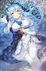  absurdres ahoge bare_shoulders belt black_corset blue_bow blue_bowtie blue_coat blue_flower blue_hair blue_rose blue_skirt blue_theme blurry blush bow bowtie braid breasts brown_belt center_frills chromatic_aberration cleavage_cutout clothing_cutout coat collarbone colored_tips corset depth_of_field dress elf eshineko feet_out_of_frame female flower frilled_shirt frilled_skirt frilled_thighhighs frills fur-trimmed_coat fur_trim hair_between_eyes hair_flower hair_ornament hair_ribbon half_updo heart heart_ahoge highres holding holding_flower hololive large_breasts leather_belt long_hair looking_at_viewer loose_bowtie lying miniskirt multicolored_hair off_shoulder on_back petals pleated_skirt pointy_ears pursed_lips ribbon rose see-through see-through_skirt shirt skirt sleeveless sleeveless_shirt snowflake_print solo streaked_hair tareme thighhighs underbust very_long_hair virtual_youtuber white_shirt white_thighhighs yellow_eyes yukihana_lamy yukihana_lamy_(1st_costume) zettai_ryouiki 