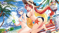  2girls ass azur_lane beach_umbrella bikini black_bikini black_ribbon blue_hair breasts center_opening chachie cup day eyewear_on_head food fruit hair_ornament hat highres holding holding_cup honolulu_(azur_lane) honolulu_(summer_accident?!)_(azur_lane) ice_cream large_breasts long_hair looking_at_viewer melon multiple_girls official_alternate_costume official_art open_mouth outdoors palm_tree red_eyes red_hair ribbon side_ponytail st._louis_(azur_lane) star_(symbol) star_hair_ornament starfish straw_hat sunglasses swimsuit tree umbrella very_long_hair white_bikini 