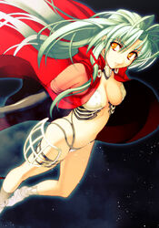  antenna_hair aqua_hair bra breasts cape cleavage female floating_hair game_cg hair_between_eyes hair_intakes hanawa_momiji jingai_makyou long_hair medium_breasts multi-strapped_panties nishii_(damnedrive) official_art panties parted_lips red_cape solo underwear very_long_hair white_bra white_panties yellow_eyes 