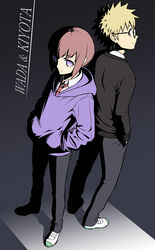  2boys back-to-back black-framed_eyewear black_background black_pants black_sweater blonde_hair brown_hair character_name closed_mouth collared_shirt commentary_request empty_eyes full_body glasses hands_in_pockets highres hood hood_down hoodie ichikawa_masahiro kiyota_yoshinori long_sleeves looking_at_viewer looking_back male_focus multiple_boys necktie pants purple_eyes purple_hoodie red_necktie school_uniform shadow shirt shoes short_hair sidelocks simple_background smile spiked_hair standing sweater uwabaki wada_(watamote) watashi_ga_motenai_no_wa_dou_kangaetemo_omaera_ga_warui! white_footwear white_shirt 