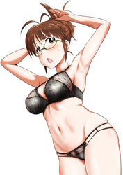  adjusting_hair akizuki_ritsuko armpits arms_up black-framed_eyewear black_bra black_panties blush bra breasts commentary cowboy_shot female folded_ponytail glasses groin idolmaster idolmaster_(classic) looking_at_viewer medium_breasts minpei_ichigo multi-strapped_panties navel open_mouth panties short_hair simple_background skindentation solo underwear underwear_only white_background 