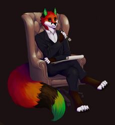  2018 anthro armchair barefoot black_background black_ears black_nose black_sclera business_suit canid canine chair clothing crossed_legs digitigrade dipstick_tail eyewear feet fox fur furniture glasses green_eyes green_inner_ear green_tail_tip hi_res holding_eyewear holding_glasses holding_notebook holding_object holding_pen male mammal markings pen psychiatrist red_body red_fur serious_face simple_background sitting sitting_on_armchair snowyzorua solo suit tail tail_markings victor_johansen 