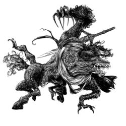  bloodborne body_horror claws commentary english_commentary fur greyscale highres hooves horror_(theme) horse ludwig_the_accursed monochrome monster moonlight_greatsword numenoko scarf sword teeth weapon weapon_on_back 